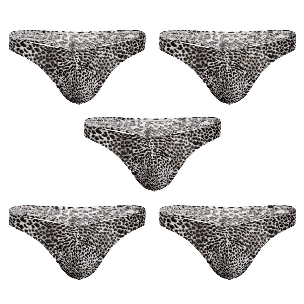 Andongnywell 5-Pack Men's Leopard Print Sexy Panty Thong Cheetah Bikini Low Rise G-String Underpants Knickers Panties (Black,X-Large)