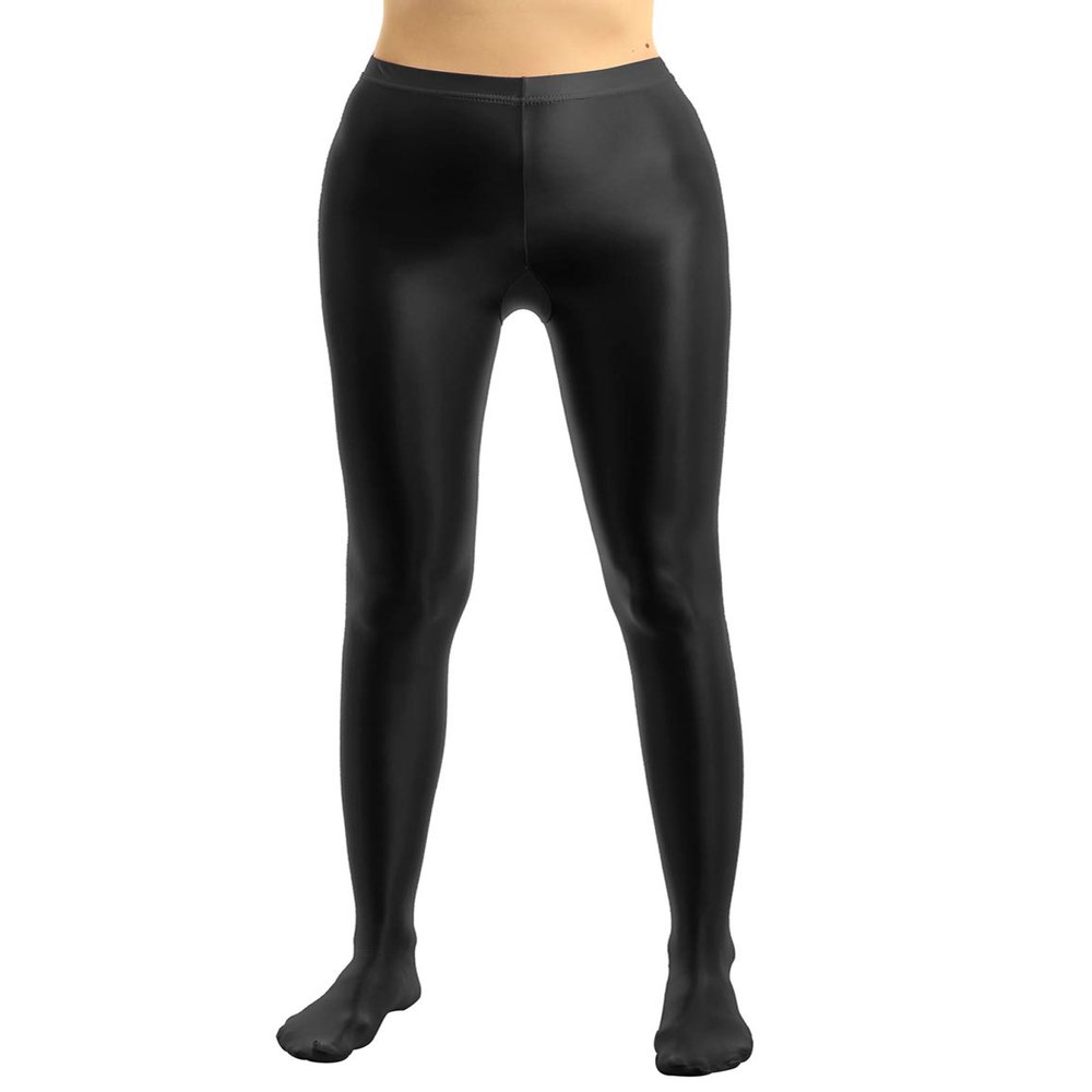 Agoky Women's Sexy Oil Glossy Footed Leggings Ultra Bodycon Tights Opaque Pantyhose Yoga Pants Black Medium