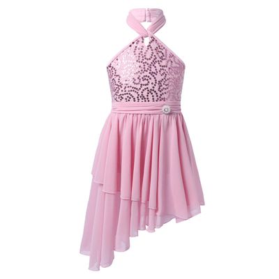 VernLan Big Girls Halter Sequined Latin Jazz Skating Dress Leotard Ruffle Skirt Lyrical Modern Dance Performance Costumes Pink 6