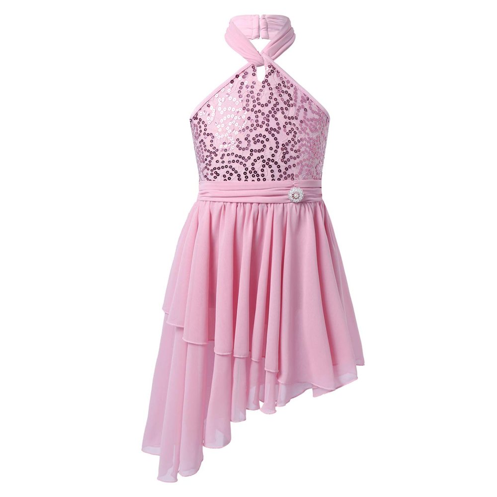 VernLan Big Girls Halter Sequined Latin Jazz Skating Dress Leotard Ruffle Skirt Lyrical Modern Dance Performance Costumes Pink 6