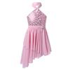 VernLan Big Girls Halter Sequined Latin Jazz Skating Dress Leotard Ruffle Skirt Lyrical Modern Dance Performance Costumes Pink 6 view 1