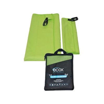 ecox Outdoors Microfiber Towel Fast Drying Soft Feel Fast Action Drying for Gym Beach Outdoors Travel Yoga Camping Compact Size 2 Piece Set 30x60 in and 12x24 in Green MFT2PG