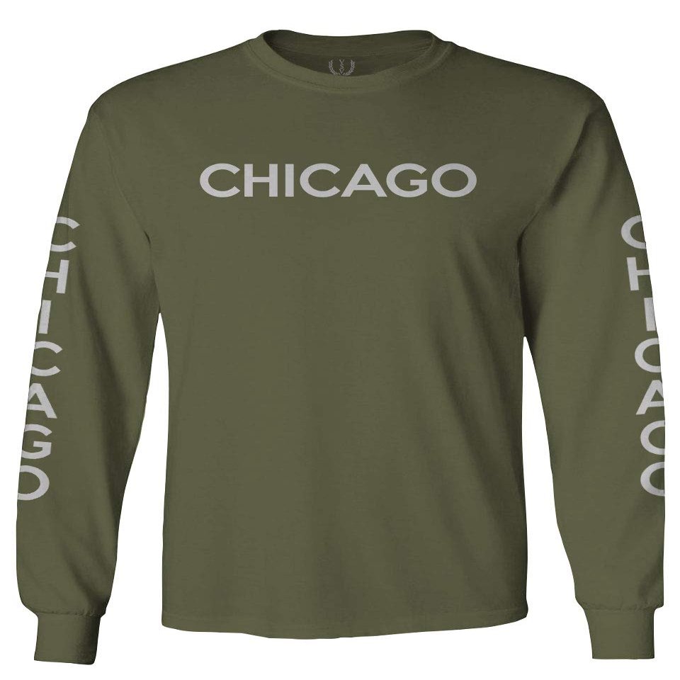0335. City of Chicago Classic Design Illinois Men's Long Sleeve t Shirt (Olive, X-Large)
