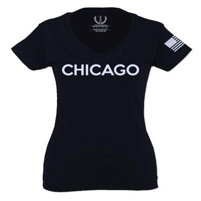 0335. City of Chicago Classic Design Illinois for Women V Neck Fitted T Shirt (Black, X Small)