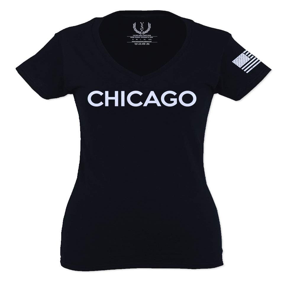 0335. City of Chicago Classic Design Illinois for Women V Neck Fitted T Shirt (Black, X Small)