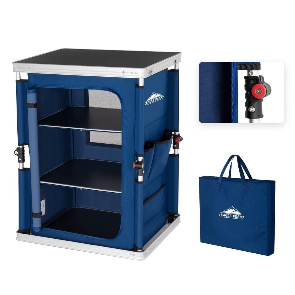 EAGLE PEAK Outdoor Folding Camping Table with Large 3-Tier Storage Organizer and Side Pockets, Easy Set Up Portable Aluminum Camping Kitchen, Blue