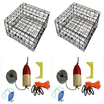 2-Pack of KUFA Vinyl Coated Crab Trap & Accessory kit Including 100' Rope, Caliper, Harness, Bait Bag & Red/White Float (1/4" x100' Lead Core Sinking Line & 11" Float)