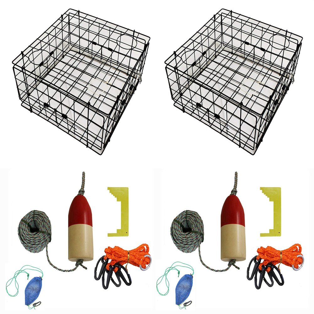 2-Pack of KUFA Vinyl Coated Crab Trap & Accessory kit Including 100' Rope, Caliper, Harness, Bait Bag & Red/White Float (1/4" x100' Lead Core Sinking Line & 11" Float)