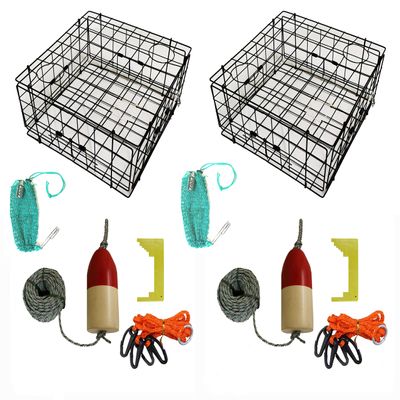2-Pack of KUFA Vinyl Coated Crab Trap & Accessory kit Including 100' Rope, Caliper, Harness, Bait Bag & Red/White Float (6"x14" Float, 1/4" Lead Core Sinking Line)