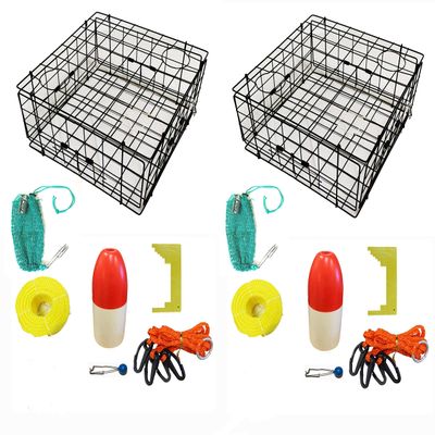 2-Pack of KUFA Vinyl Coated Crab Trap & Accessory kit Including 100' Rope, Caliper, Harness, Bait Bag & Red/White Float (6"x14" Float, 1/4" Poly Rope with line Weight)