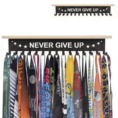 iBobbish Trophy and Medal Hanger Display Shelf, 16inchL, Metal 20 Hooks, Extra Large Bamboo Trophy Board, 33lbs Weight Capacity