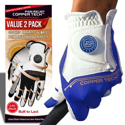 Copper Tech Golf Gloves Men Right Handed Golfer Or Left Handed Golfer (2 Pack)| Copper Compression Joint Support | Flexible & Comfortable Fit with AAA Leather