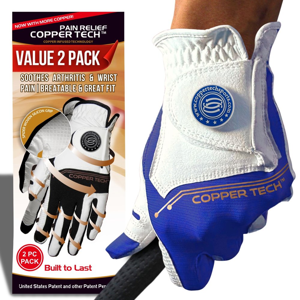 Copper Tech Golf Gloves Men Right Handed Golfer Or Left Handed Golfer (2 Pack)| Copper Compression Joint Support | Flexible & Comfortable Fit with AAA Leather