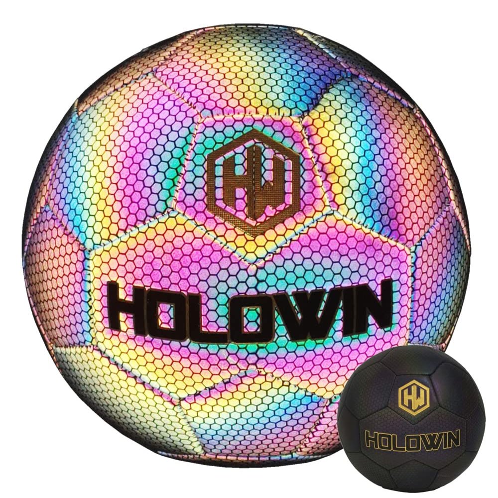 HW HOLOWIN Holographic Luminous Soccer Ball for Night Games & Training Football Ball Glowing in The Dark Light Up Reflective with Camera Flash Reflects Light Gifts, & Men (Size 5, Black)