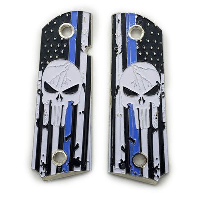 Custom Metal 1911 Grips Nickel with Enamel Blue Line Grips for Colt