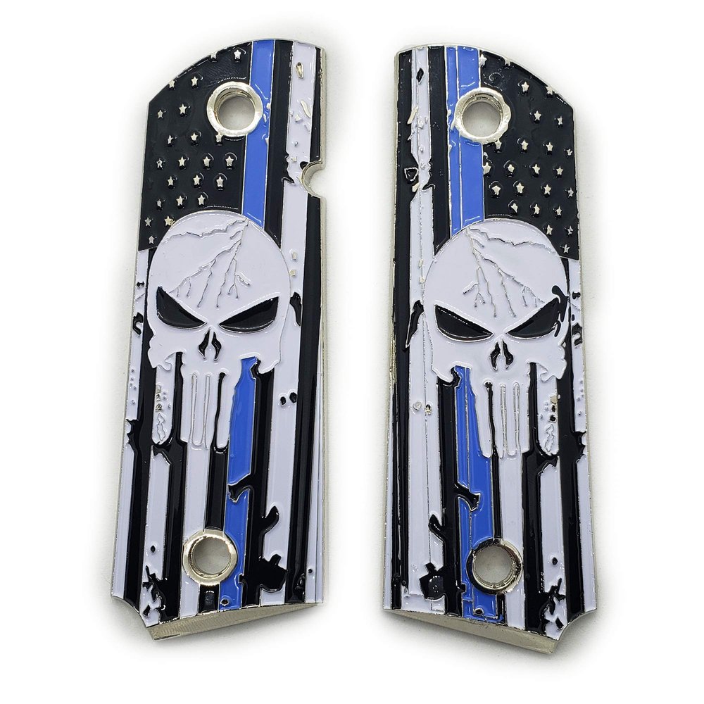 Custom Metal 1911 Grips Nickel with Enamel Blue Line Grips for Colt