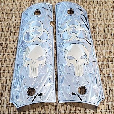 Custom Metal 1911 Grips Nickel Gold with Skull 1911 Full Size Grips for Colt