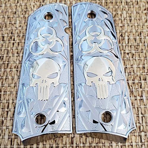 Custom Metal 1911 Grips Nickel Gold with Skull 1911 Full Size Grips for Colt