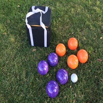 BuyBocceBalls Listing - Unique Bocce Set - 107mm with Purple and Orange Balls, Black Bag