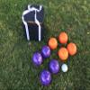 BuyBocceBalls Listing - Unique Bocce Set - 107mm with Purple and Orange Balls, Black Bag view 1