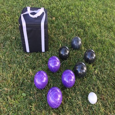 BuyBocceBalls Listing - Unique Bocce Set - 107mm with Purple and Black Balls, Black Bag