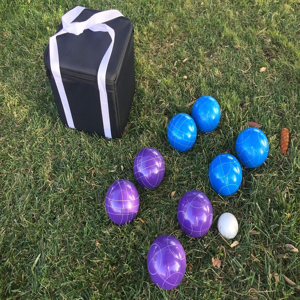BuyBocceBalls Listing - Unique Bocce Set - 107mm with Purple and Blue Balls, Black Bag