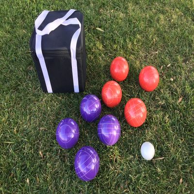 BuyBocceBalls Listing - Unique Bocce Set - 107mm with Purple and Red Balls, Black Bag