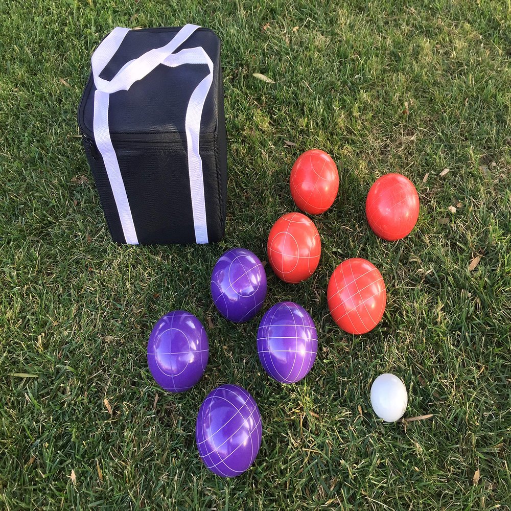 BuyBocceBalls Listing - Unique Bocce Set - 107mm with Purple and Red Balls, Black Bag