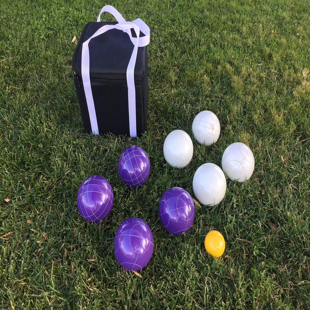 BuyBocceBalls Listing - Unique Bocce Set - 107mm with Purple and White Balls, Black Bag