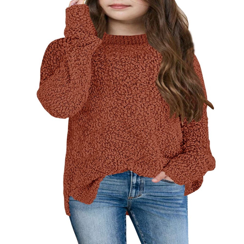 GAMISOTE Girl's Fuzzy Warm Sweater Crew Neck Chunky Side Slit Jumper Pullover Outwear (Orange, 13_Years)