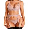 RSLOVE Women Lace Lingerie Set with Garter Belt Strap Bra and Panty Babydoll Deep Pink XXL view 1