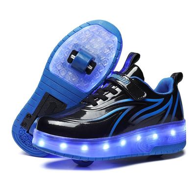 BFOEL Rechargeable Roller Shoes for Boys Girls Age 6-14 with LED Light-Up Kids Sneakers for Outdoor Play, Birthday Black-Blue