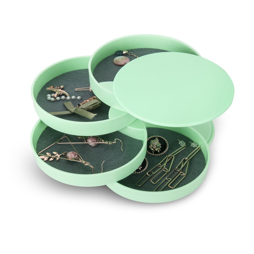 CONBOLA Jewelry Organizer, Small Jewelry Storage Box Earring Holder for Women, 4-Layer Rotating Travel Jewelry Tray Case with Lid for Bracelets Rings Bracelets