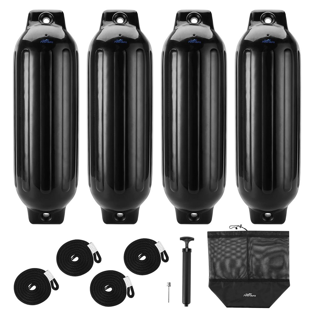 Affordura Boat Fender 4 Pack Boat Bumpers Fenders 8.5 Inch with 4 Ropes, Boat Bumpers for Pontoon Boat Fenders Inflatable (Black)