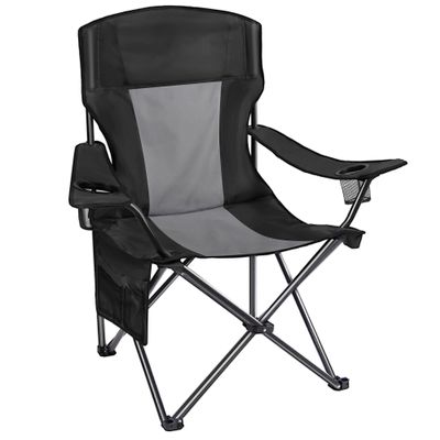 AsterOutdoor Camping Folding Chair Padded Quad Arm Chair with Large Cup Holders, Side Organizer & Back Pocket for Outdoor, Camp, Indoor, Patio, Fishing, Supports 350lbs , Black and Gray