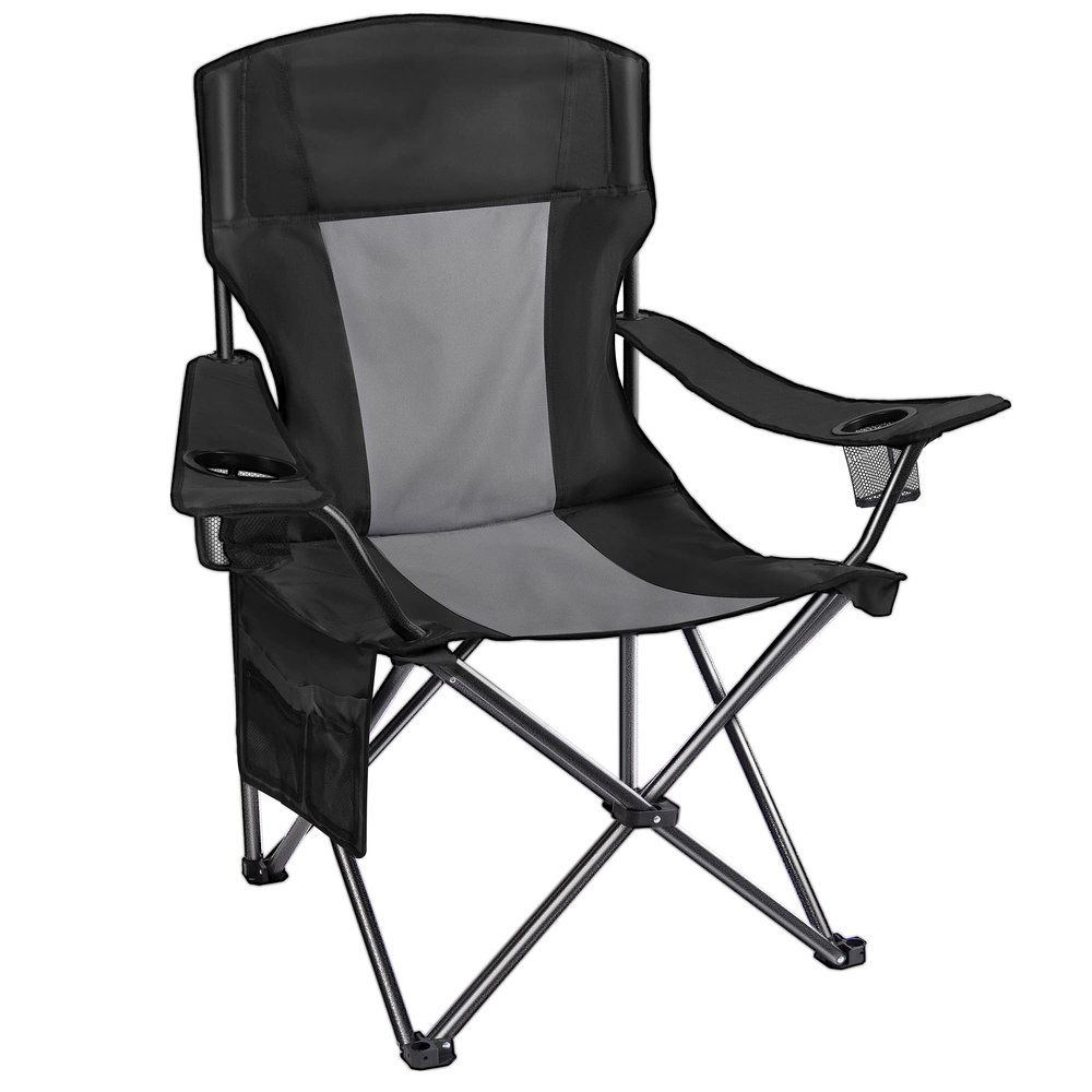 AsterOutdoor Camping Folding Chair Padded Quad Arm Chair with Large Cup Holders, Side Organizer & Back Pocket for Outdoor, Camp, Indoor, Patio, Fishing, Supports 350lbs , Black and Gray