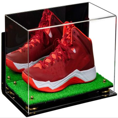 Better Display Cases Acrylic Large Shoe Display Case for Basketball Shoe Soccer Cleat Football Cleat with Mirror, Gold Risers, Wall Mount and Turf Base (A013/V11)