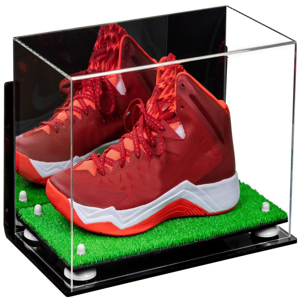 Better Display Cases Acrylic Large Shoe Display Case for Basketball Shoe Soccer Cleat Football Cleat with Mirror, White Risers, Wall Mount and Turf Base (A013/V11)