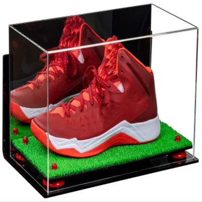 Better Display Cases Acrylic Large Shoe Display Case for Basketball Shoe Soccer Cleat Football Cleat with Mirror, Red Risers, Wall Mount and Turf Base (A013/V11)
