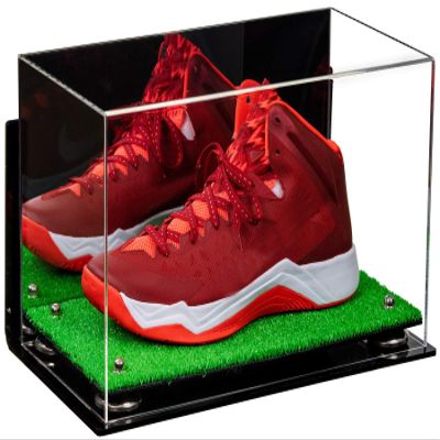 Better Display Cases Acrylic Large Shoe Display Case for Basketball Shoe Soccer Cleat Football Cleat with Mirror, Silver Risers, Wall Mount and Turf Base (A013/V11)
