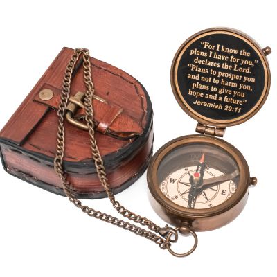 A S Handicrafts Engraved Personalized Inscription Antique Brass Compass Engraved with Leather Case Son Mom Children Gift Baptism Birthday Easter Decor (Jeremiah 29: 11 for I Know)