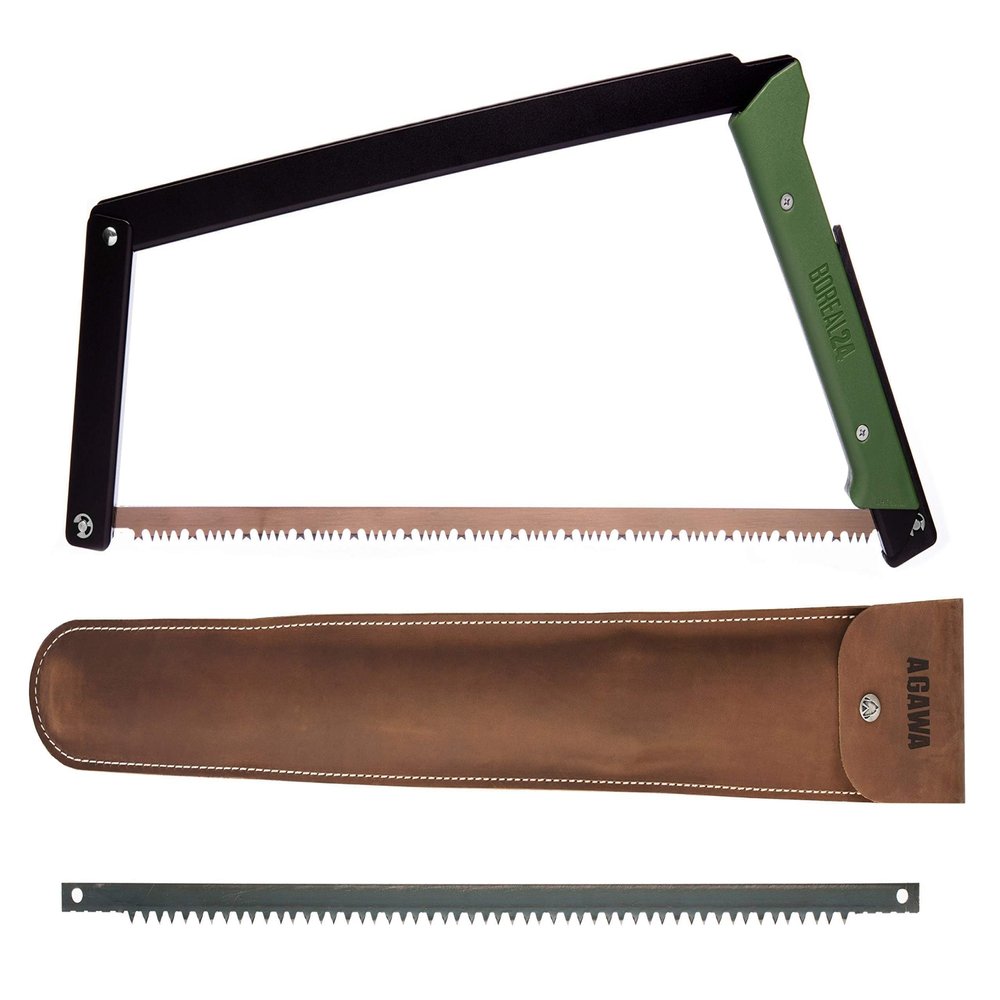 AGAWA - BOREAL24 Backwoods Kit - Includes 24" Folding Saw, Leather Sheath, 24" All-Purpose & 24" Aggressive Saw Blade - For Camping, Hunting & Survival Kit (Black Frame/Green Handle)