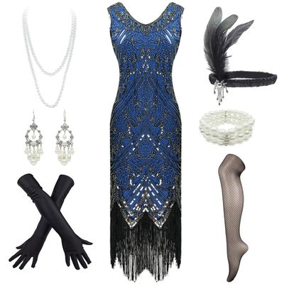 1920s Womens Flapper Dress Art Nouveau Great Gatsby Fringe Cocktail Dance Dress (Silver&Blue, 3X-Large)