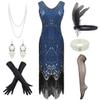 1920s Womens Flapper Dress Art Nouveau Great Gatsby Fringe Cocktail Dance Dress (Silver&Blue, 3X-Large) view 1