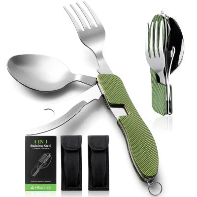 HIKENTURE Camping Utensils 2 Pack, 4-In-1 Stainless Steel Spoon Fork Knife Set Backpacking Travel Cutlery Metal Multitool Boy Scout(Green 2pack)