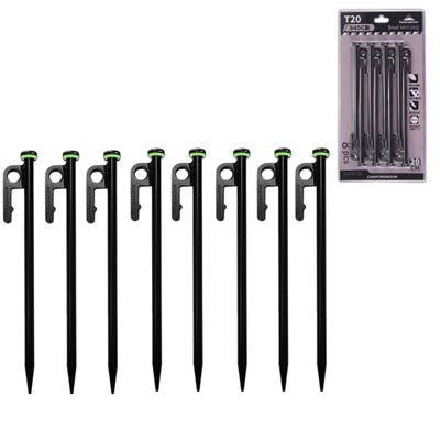 camping moon 7.9-Inch Heavy-Duty Tent Stake #45 Carbon Steel Camping Peg with Round Hole & R-Shaped Hook, Strong Ground Anchor for Hard Soil, Rocky Terrain, Riverbanks, and Outdoor Use T-20-8P