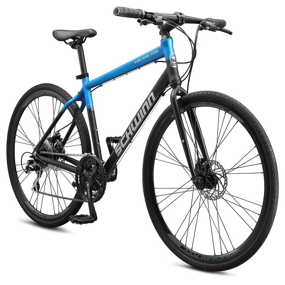 Schwinn Volare 1500 Flat Bar Hybrid Sports Road Bike, Men and Women, 24-Speed, 700c Wheels, 18.5-Inch Aluminum Frame, Mechanical Disc Brakes, Blue/Black