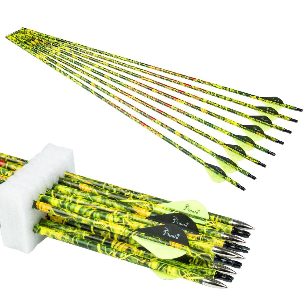 Pinals Archery 28" 300 340 350 400 Spine Carbon Hunting Arrows for Compound Recurve Bow Practice Target 28 Inch Camo Arrow Shaft Pack of 12PCS Yellow 300