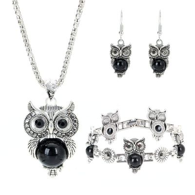 Caiyao 3Pcs/Set Vintage Owl Jewelry Sets Ethnic Tribal Boho Turquoise Pendant Necklace Drop Earrings Charm Bracelet Set Vintage Silver Plated Owl Pendant Necklace Bracelet Earrings Jewelry Sets
