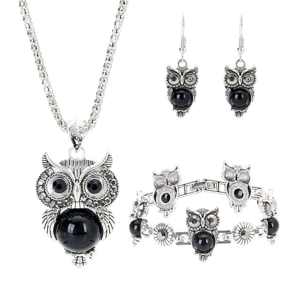 Caiyao 3Pcs/Set Vintage Owl Jewelry Sets Ethnic Tribal Boho Turquoise Pendant Necklace Drop Earrings Charm Bracelet Set Vintage Silver Plated Owl Pendant Necklace Bracelet Earrings Jewelry Sets